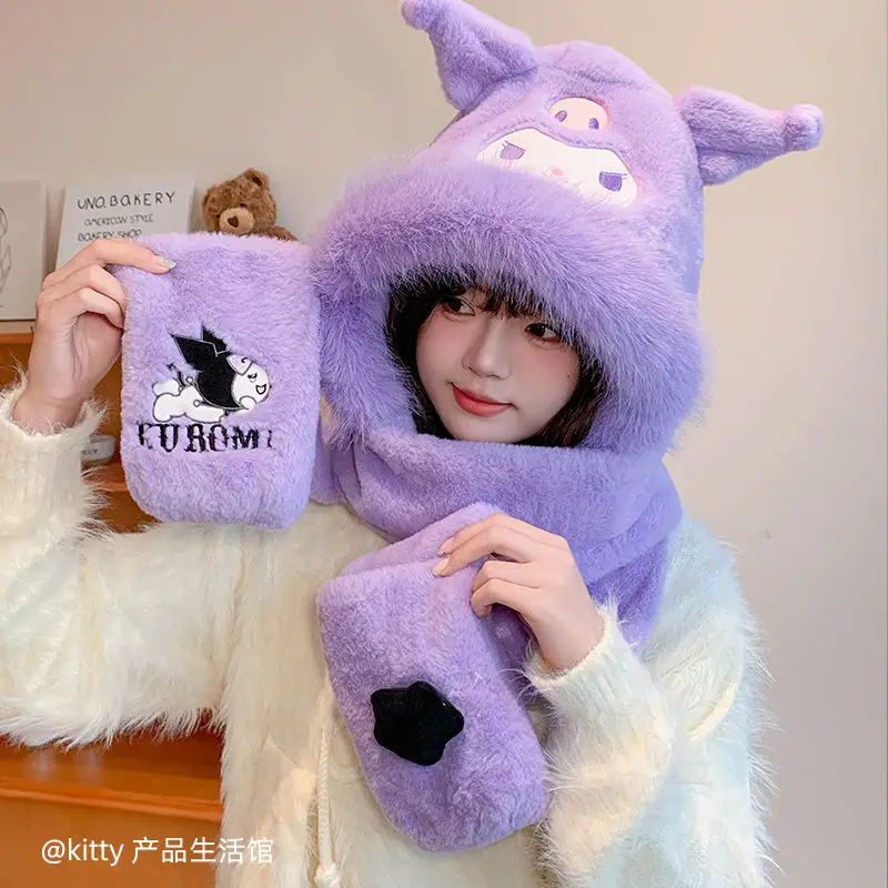 

Женская плюшевая шапка Kuromi с героями мультфильмов, шарф, перчатки, три в одном, Cinnamoroll, аниме, теплый и морозостойкий плюшевый шарф с заусенцами, милый шарф для девочек