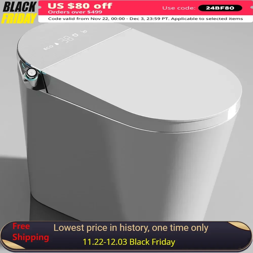 Smart Toilet with Bidet Built in, Auto Lid Opening, Heated Seat, LED Light, Remote Control, Auto Flush, Smart Toilet