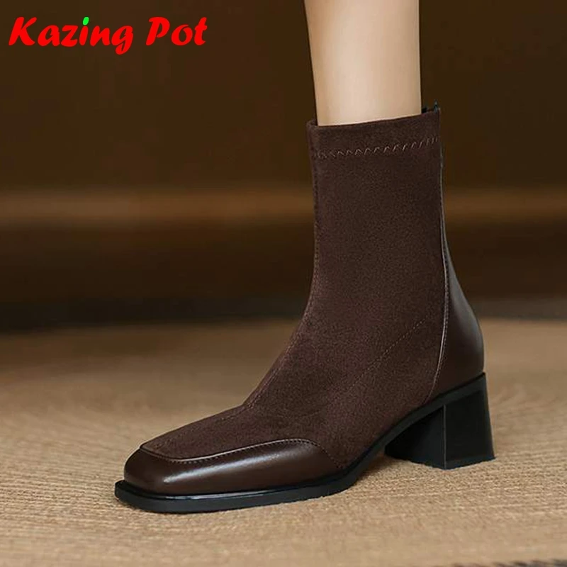 Krazing Pot Flock Square Toe Med Heels Chelsea Boots Vintage Keep Warm Winter Shoes Business Casual Elegant Sewing Ankle Boots