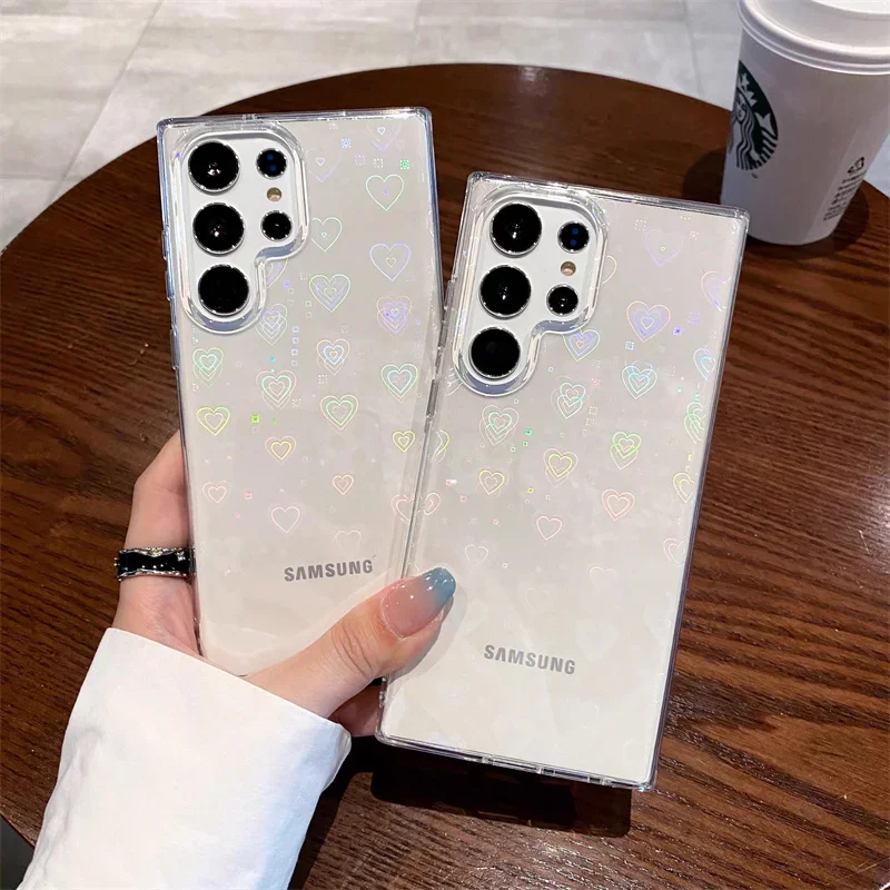 Laser heart transparent phone case for Samsung Galaxy S25 S24 S23 S22 S21 Plus Ultra S24 FE S23 FE S21 FE anti fall cover bumper