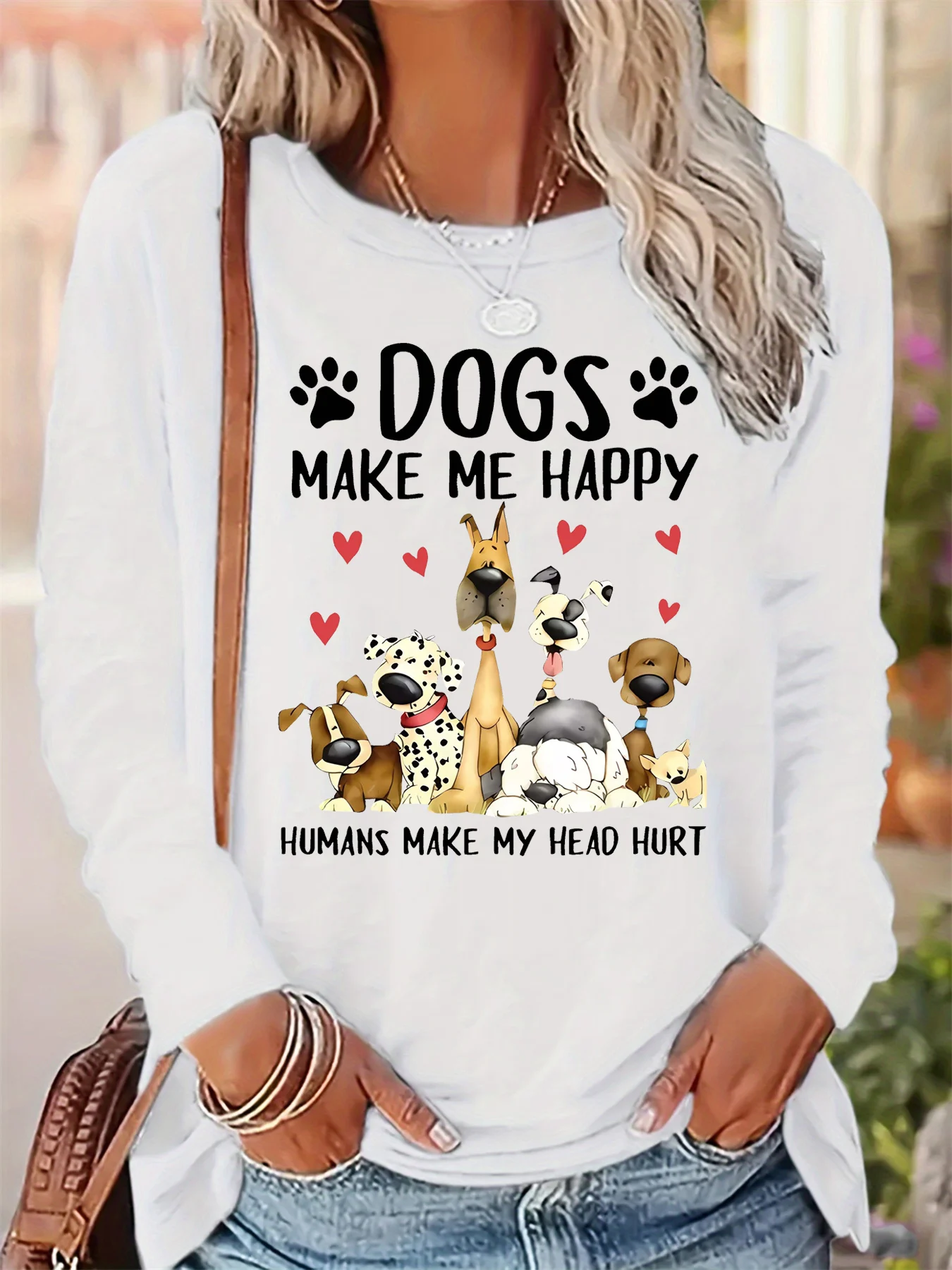 تي شيرت نسائي للربيع والخريف 100% من القطن الخالص عصري غير رسمي فضفاض بنمط حروف مطبوع برقبة دائرية وأكمام طويلة