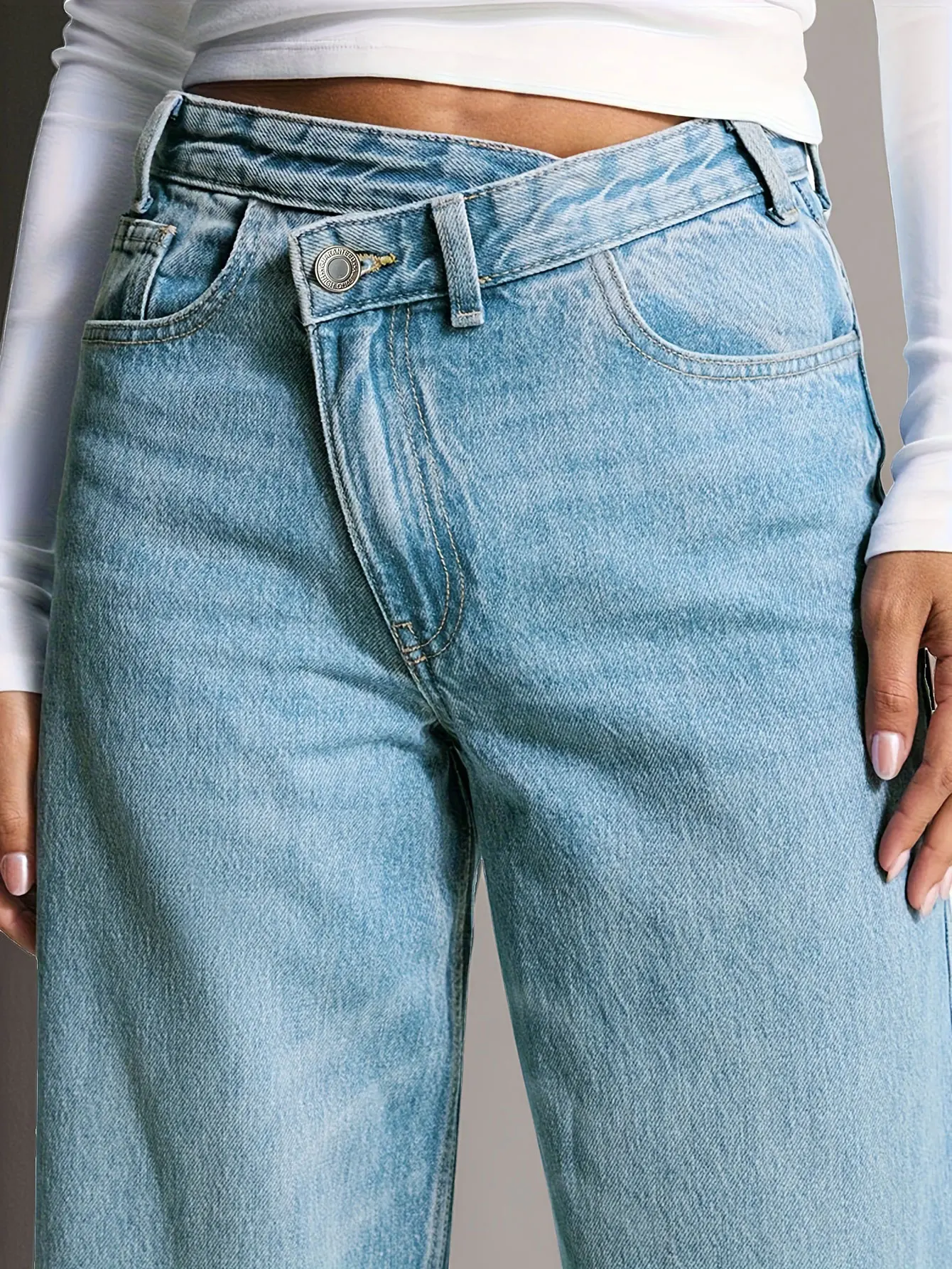 Hellblaue Y2K-Jeans mit weitem Bein für Damen – niedrige Taille, lockere Passform – weicher und bequemer, nicht dehnbarer Denim-Stoff – lässiger Street-Style