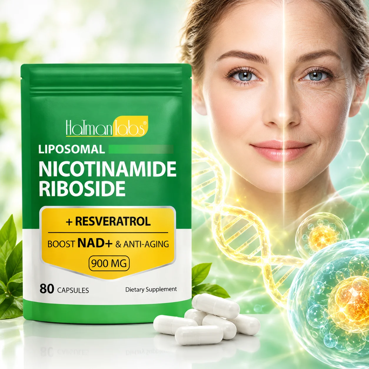 Liposomal Nicotinamide Riboside Capsules Anti-Aging & NAD+ Boost & Cellular Health Antioxidant Resveratrol 80pcs for Beauty