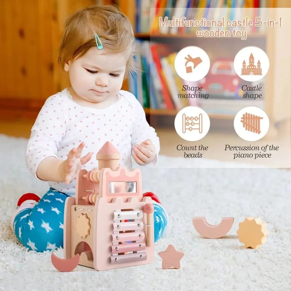 

Montessori 5-in-1 Wooden Castle Toys Shape Sorter with Sound Castle Stacking Puzzle Toy Early Education Interactive