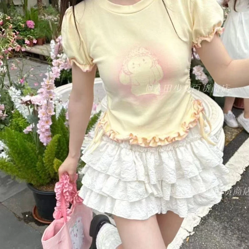 Women Solid Color High Waist Ruffle Skirts Boho Casual Elastic Waist Skirt Summer Beach Vacation Layered Shorts Skirts