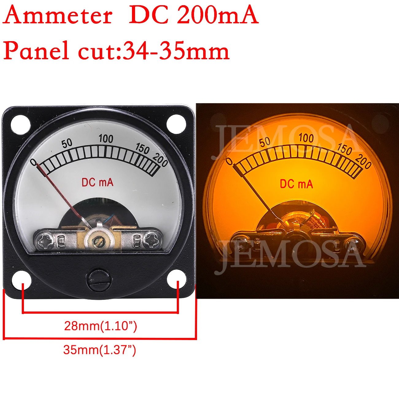 1PC 34MM Ammeter DC 100MA 200MA Analog Current Meter Panel Pointer Type With LED Yellow Background Light For Audio Amplifier DIY