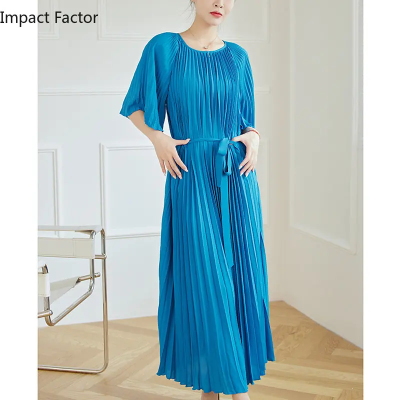 

2024 Summer New Solid Color Miyake Pleated Mid-length Dress Women O-neck Loose Long Sleeve Lace-up Elegant Lady Fashion Dresses