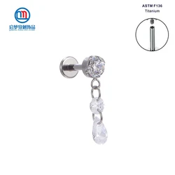 ASTM F136 Titanium Internal Thread Clear CZ Teardrop Dangle Labret Ring Ear Cartilage Helix Piercing Body Jewelry