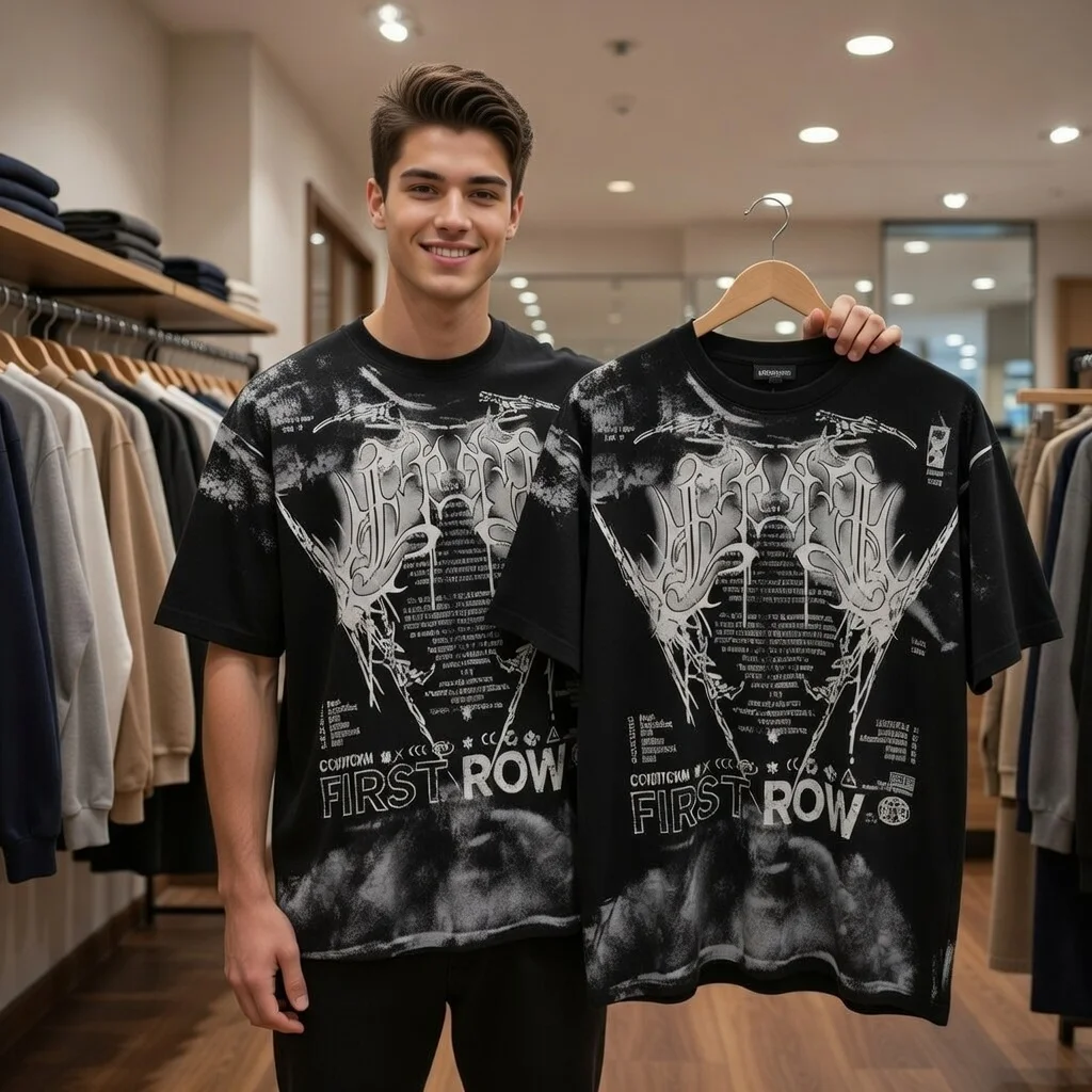 First Row Tee  Oversized Graphic Print T-Shirt Gothic Wing Flame Text Bleach Wash Streetwear Unisex Casual Top