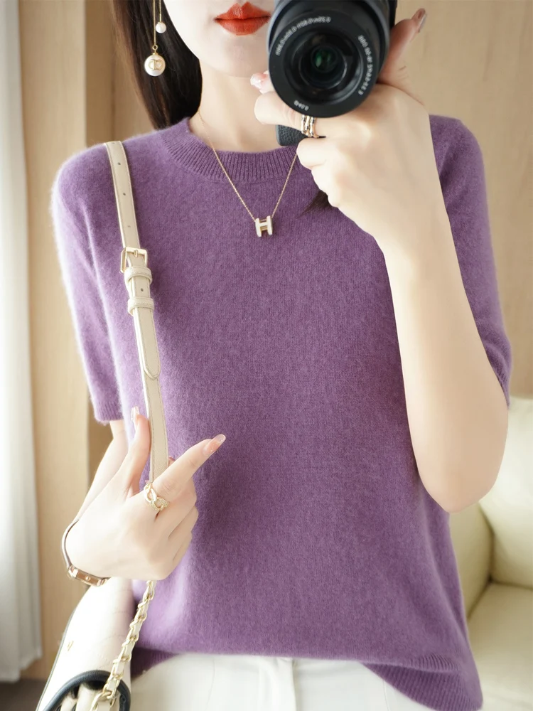 New Chic Women Summer T-shirt O-neck Short Sleeve Pullover Sweater Merino Wool Knitwear Basic Soft Clothing Korean Style Tops