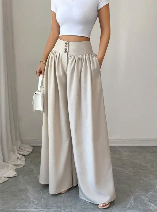 

2026 New Women's Fashion High-end Casual Solid Color Button-pleated Loose Wide-leg Floor Pants
