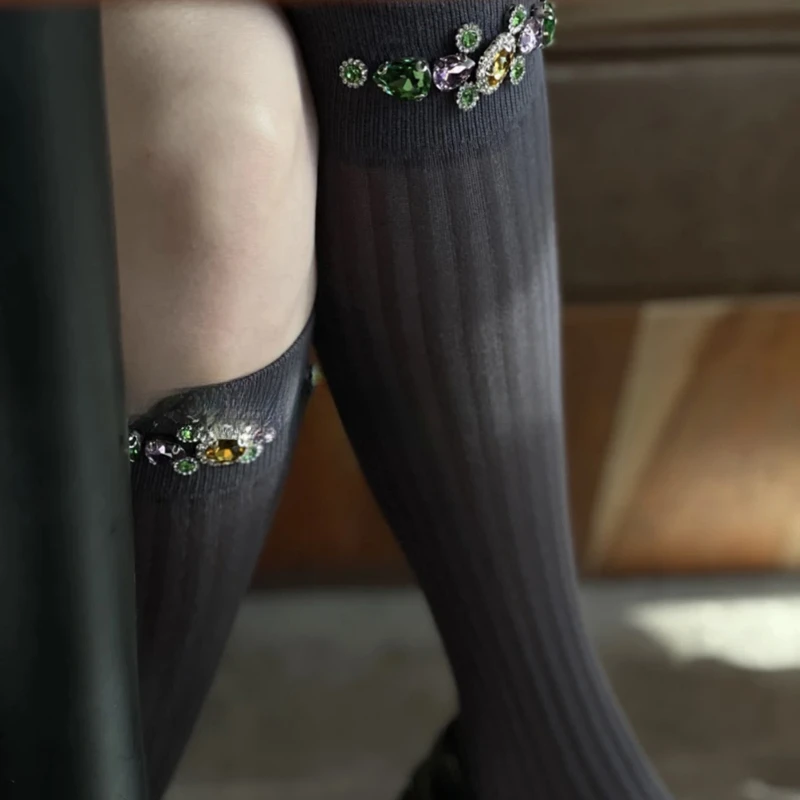 Stockings Cotton Women's Calf Knee-Length Summer Thin Color Luxury Crystal Gem Black White Gray Long Leg Shaping Fashion Simple