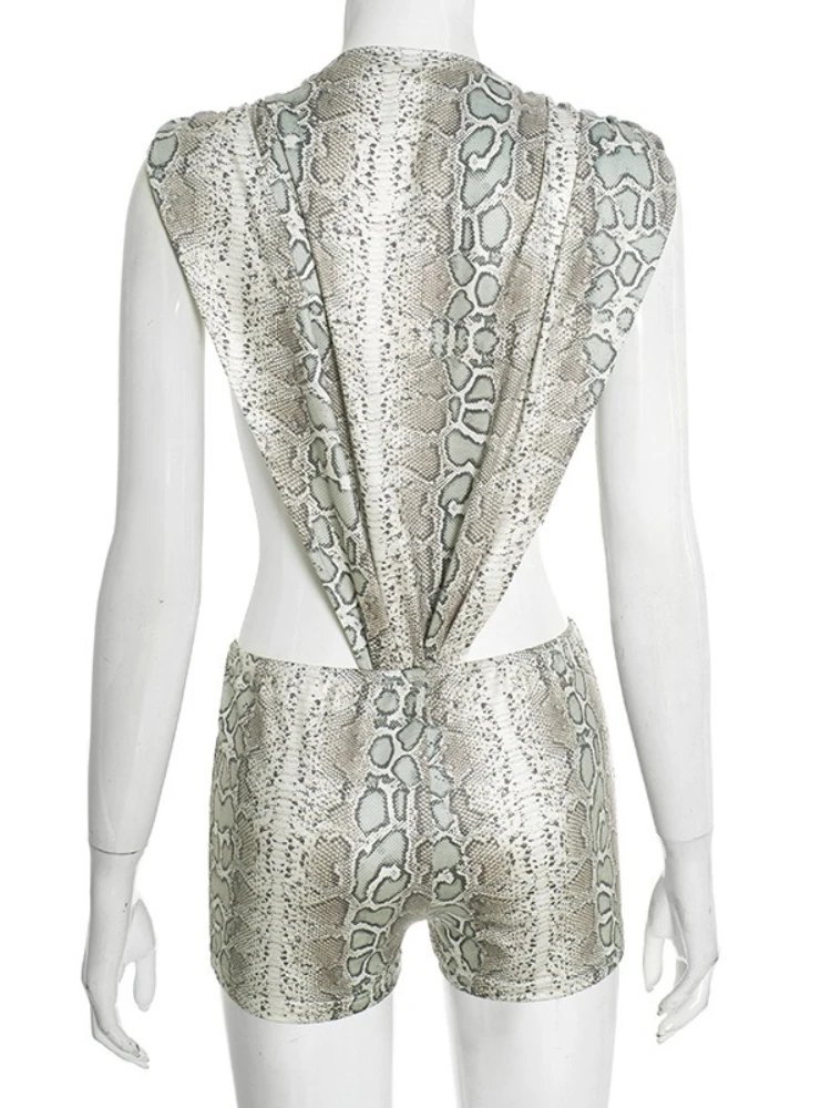 SsTss Snake Print 2 Piece Set for Women Fashion Sexy High Street O Neck Sleeveless Cut Out Side Bodysuit and Skinny Shorts Suits