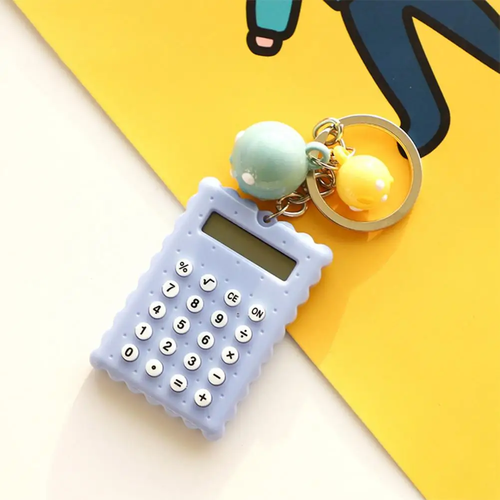Kalkulator gantungan kunci desain ergonomis, Gantungan Kunci bentuk biskuit kartun lucu dengan Display Lcd 8 digit untuk di mana saja