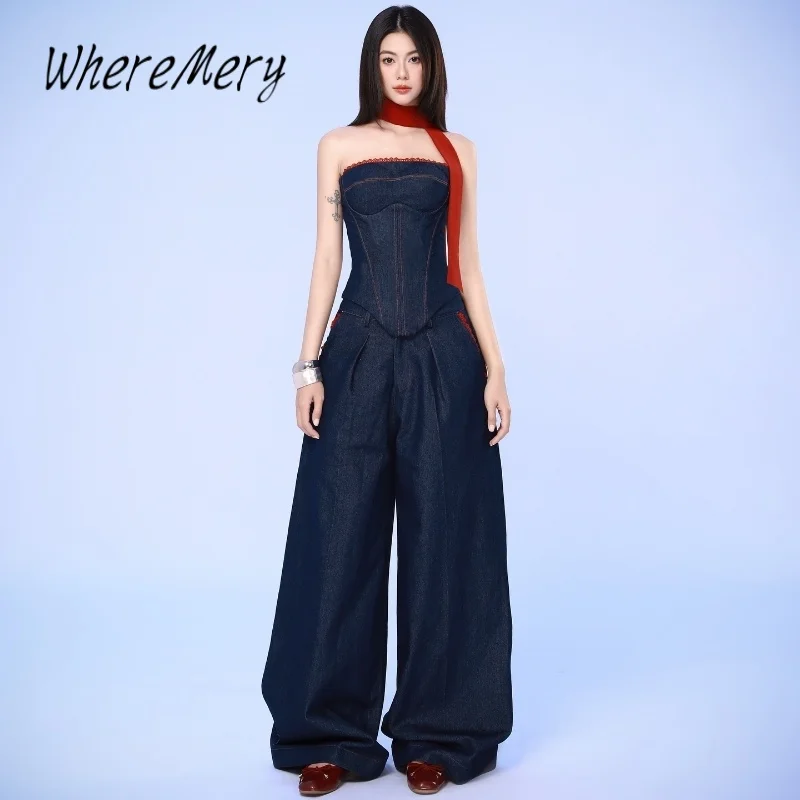 WhereMery Fashion Off Shoulder Sleeveless Slim Casual Crop Tops High-waist Leg Loose Pants Autumn Retro Street Women 2 Piece Set