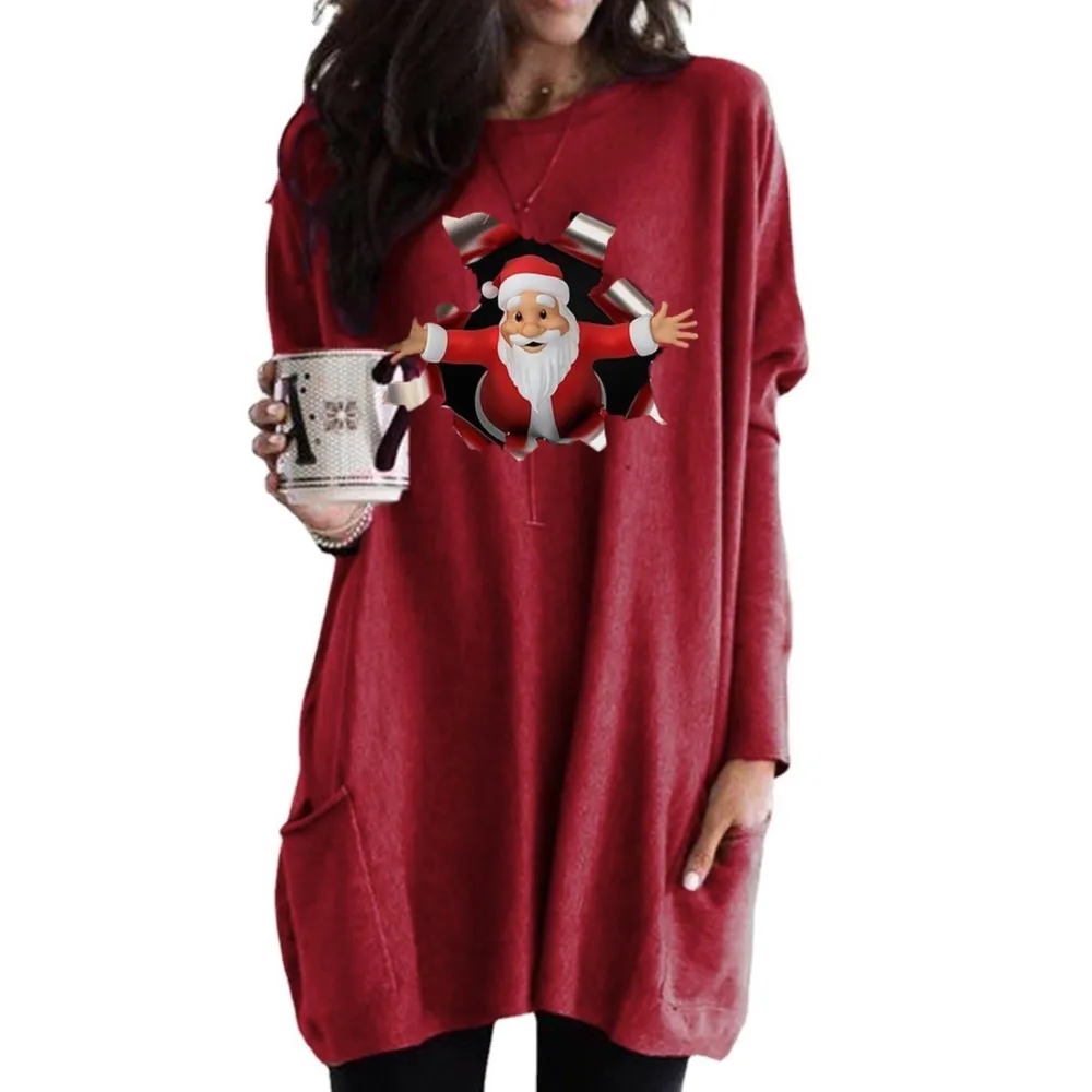 

Casual Loose Pullover Long T-shirt 2024 Autumn/winter New Long-sleeved Round Neck Santa Claus Printed Casual Tshirt For Women