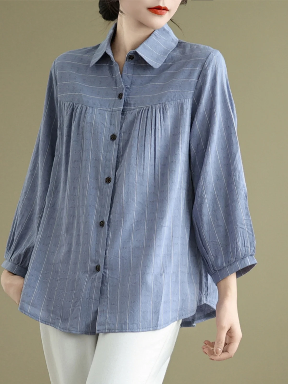 

Ele Oversized Striped irt Women's Artistic Vintage Nine-Quarter Sve Loose Fit irt Commute Sle Pear Body pe