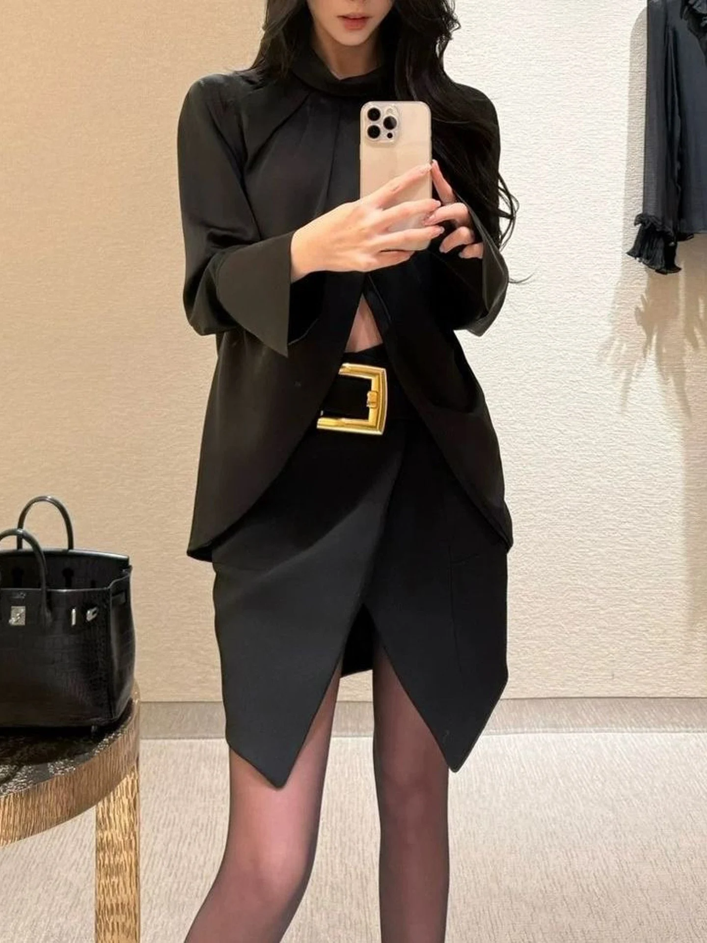 Elegant High Waist A-Line  Skirt with Slit for Women Autumn New Style Slimming Korean Version Commute Short Skirt
