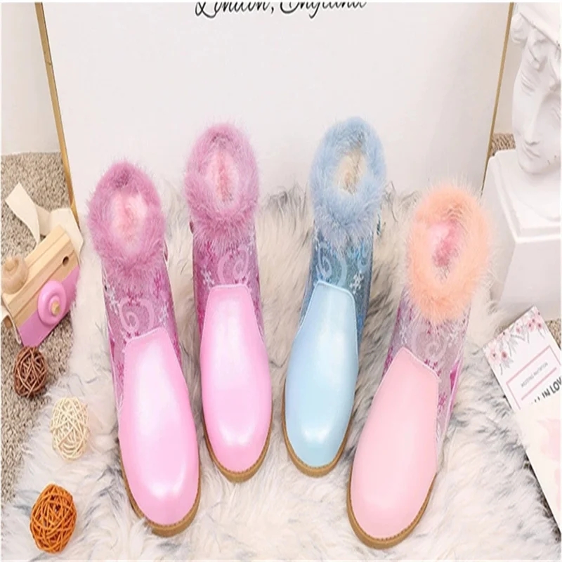 Disney Frozen Elsa Princess Kids Cartoon Ankle Boots Winter Princess Girls Fashion Children PU Leather Warm Blue Shoes Size 25-3