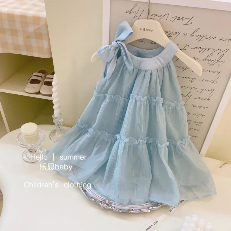 Girls Dress Summer Blue Halter Neck Pure Color Sweet Sleeveless Fashionable Princess Vest Skirt Outer Wear Birthday Clothing