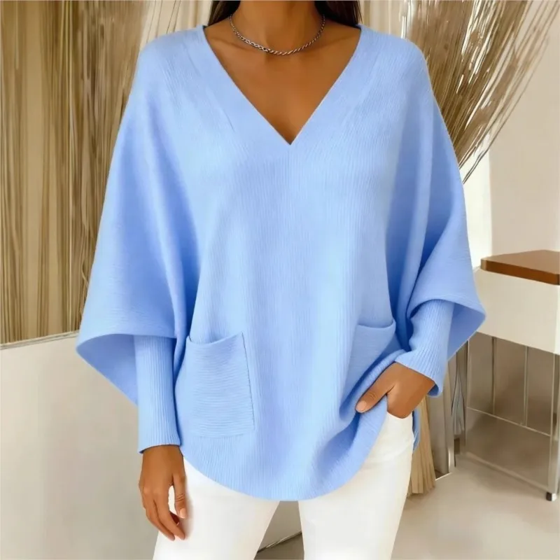 Simple Solid Knitted Sweater For Women Fashion V-neck Loose Bat Sleeve Pullover With Pocket Ladies Casual Versatile Streetwear 2