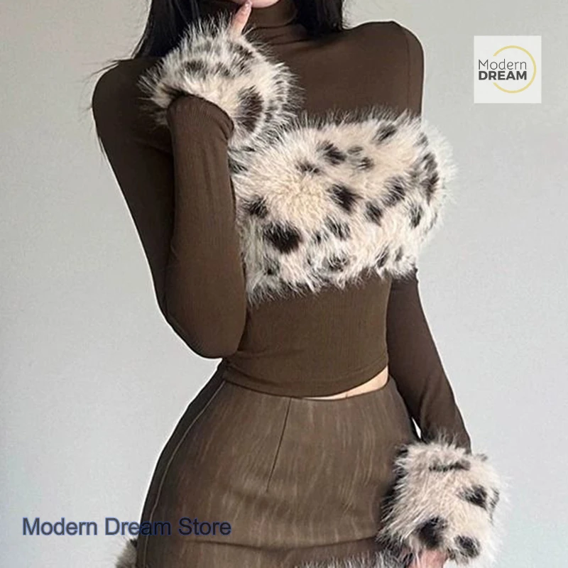 American Spice Girl Temperament Spleißen Leopardenmuster hochgeschlossenes Langarm-T-Shirt weiblicher Frühling neues kurzes Hemd mit Bodenbildung