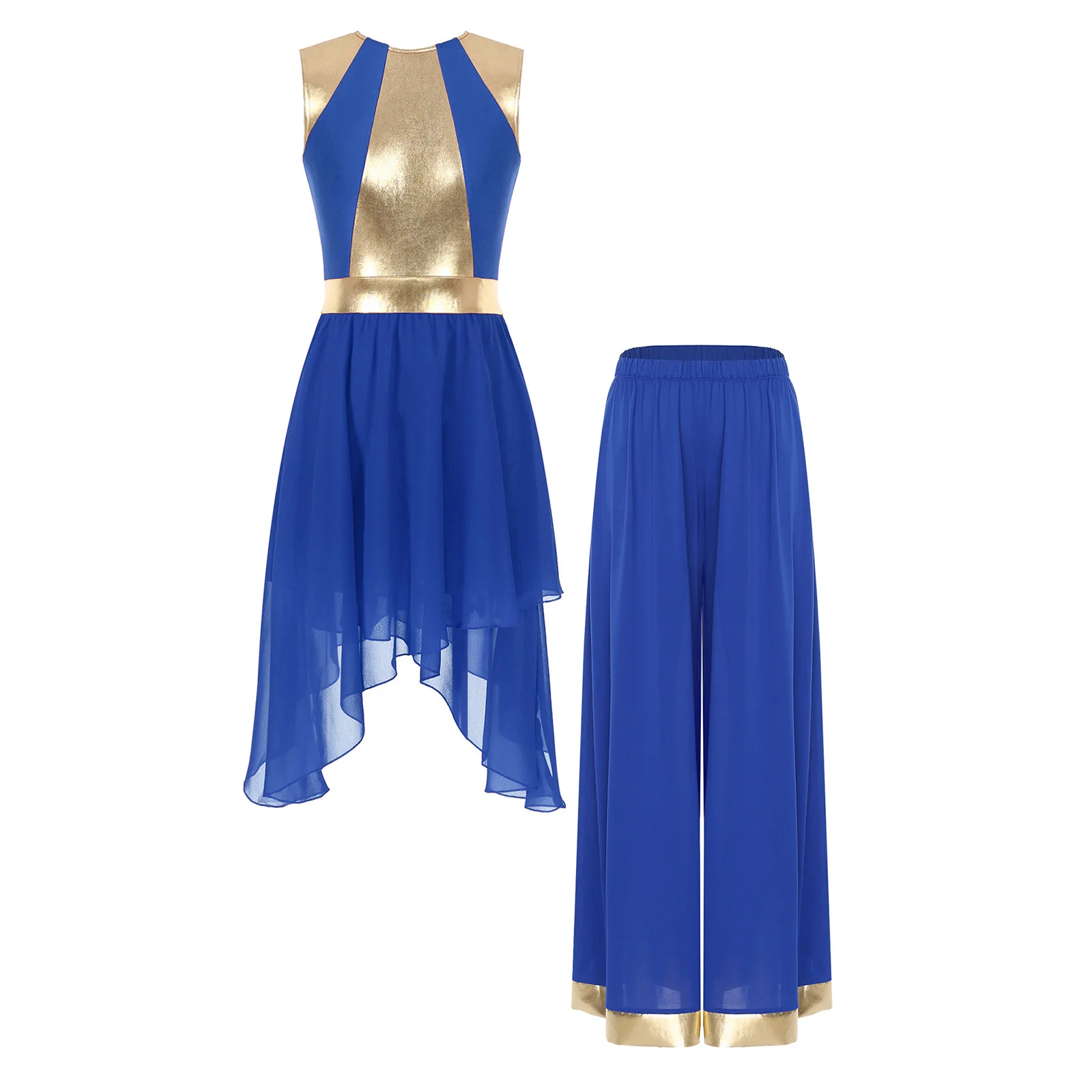 

Womens Worship Praise Dance Outfit Metallic Shiny Sleeveless Irregular Hem Lyric Dress And Wide Leg Pants Modern Dancewear