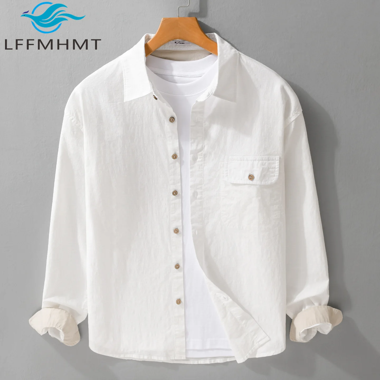 Men Cotton Blend Long Sleeve Shirt Loose Solid Vintage Trendy Lapel Collar Button Down Spring Fall Premium Quality Tops White