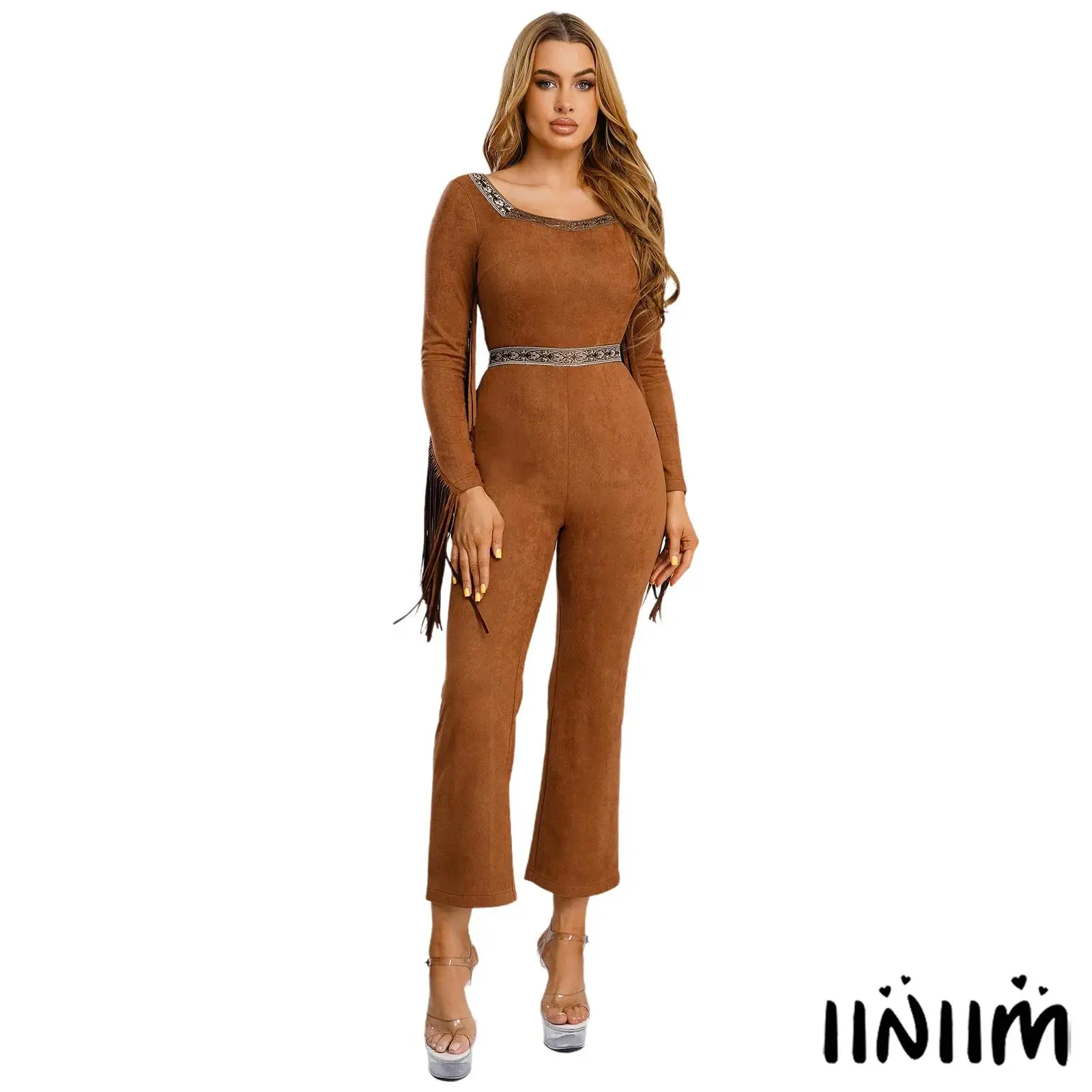 

Womens Native Primitive Man Fringe Jumpsuit Vintage Brocade Long Sleeve with Tassel Wide Leg Pants Rompers Thanksgiving Bodysuit