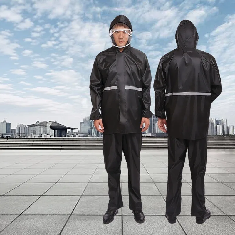 Herren-Regenanzug mit Kapuze, bestehend aus Jacke und Hose, wasserdicht, mit reflektierenden Streifen, Regenmantel für Motorradfahrer, Radfahrer, für Outdoor-Aktivitäten und als Arbeitskleidung bei Regen. – Detail 4