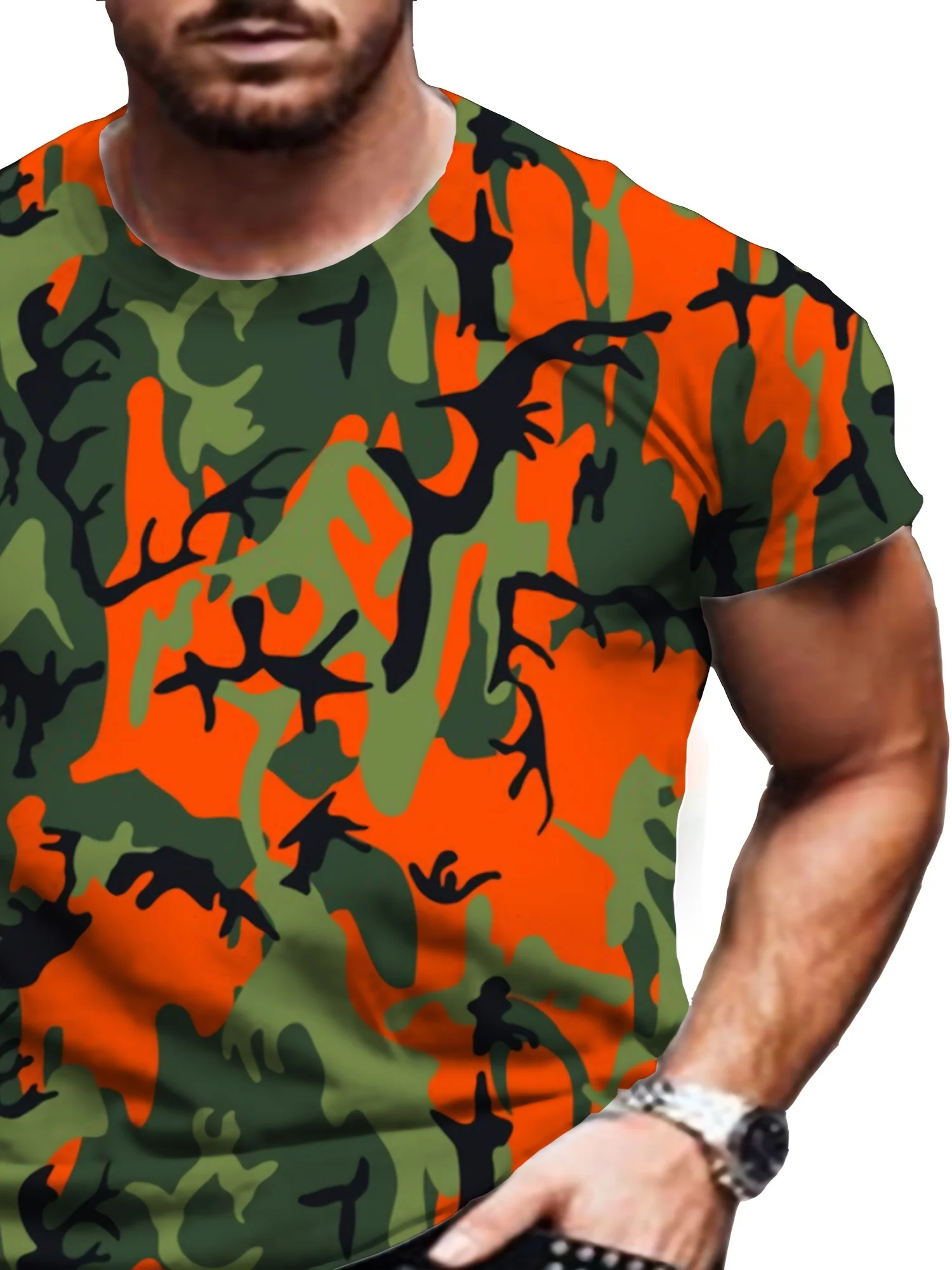 تي شيرت رجالي برسومات مموهة - تي شيرت صيفي مريح وأنيق بتصميم فريد، مثالي للياقة البدنية والأنشطة الخارجية