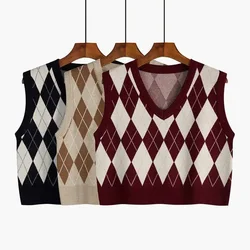 Vintage Sleeveless Women's Sweater Argyle College Style Loose Pullover V-Neck Women Vest Spring/Autumn Y2k Clothes Korean