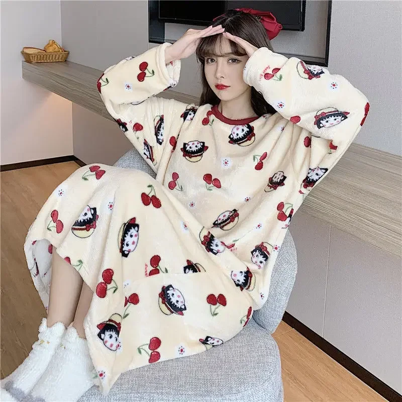 Coral Velvet Nightgown Women Autumn and Winter Thickened Flannel Cartoon Pajamas Raw Mid-Length Nightgown Long-Sleevedwomen