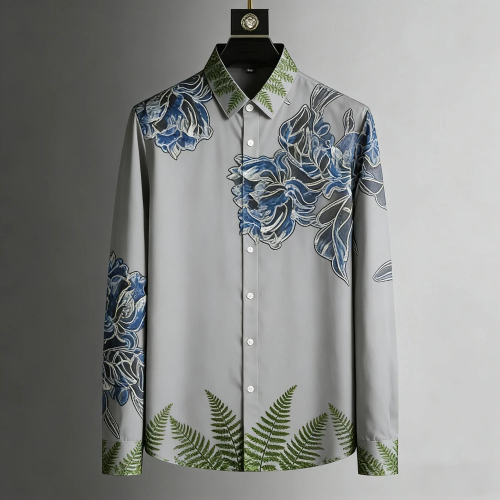 Men Luxury Gray Blue Floral Peony Green Fern Leaf Print Long Sleeve Shirt Turn Down Collar Party Casual Daily Wear Tops