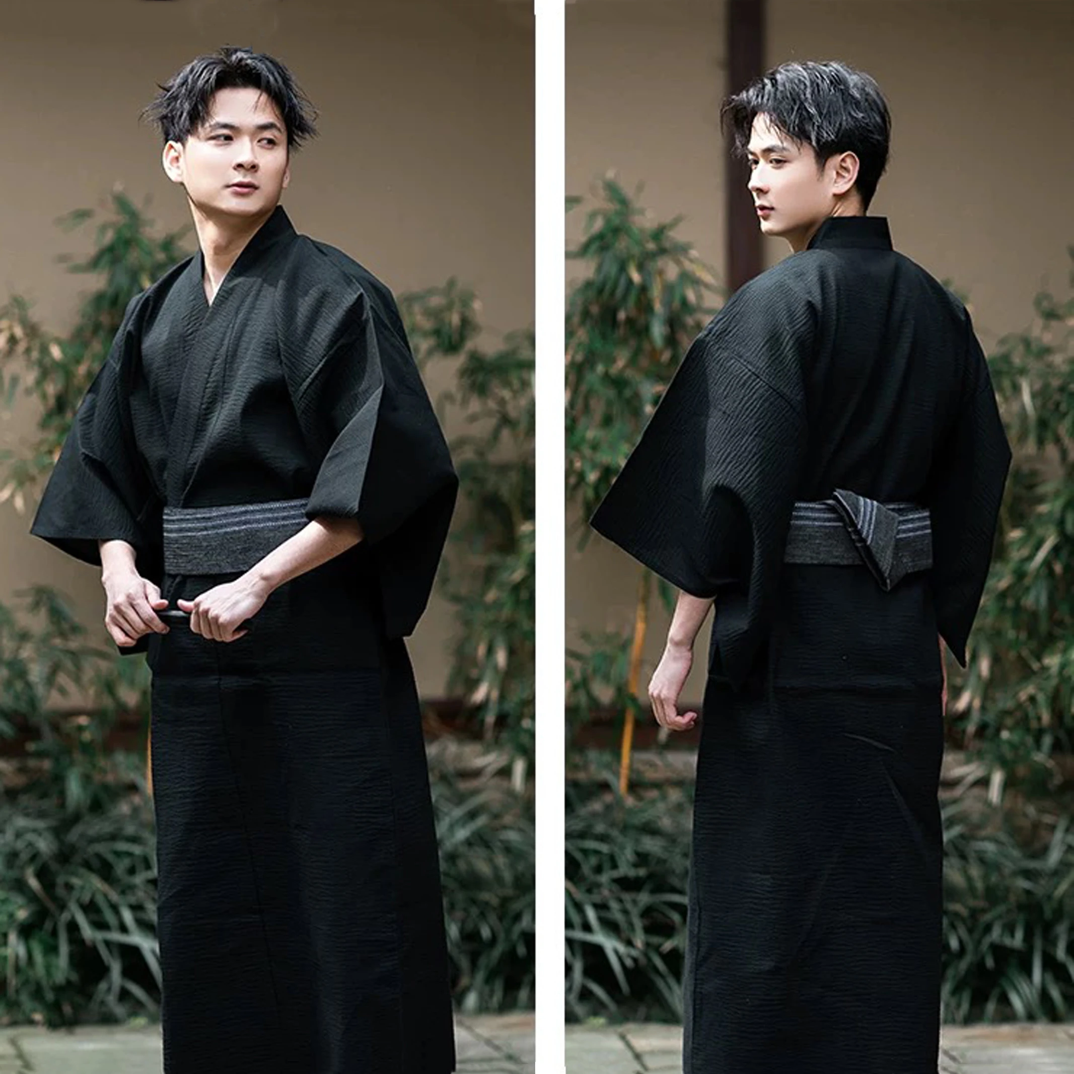 Summer Navy Japanese Traditional Samurai Kimono For Men Yukata Bathing Robe Hekoobi Loose Style Homewear Belt Long Gown Cotton