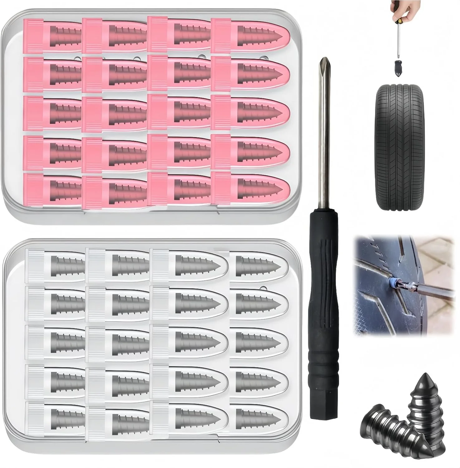 

20/40pcs Tire Plug Screw Kit for Car, SUV & Truck, Durable Tire Repair with Screwdriver Road Emergency Flat Tire Puncture Repair