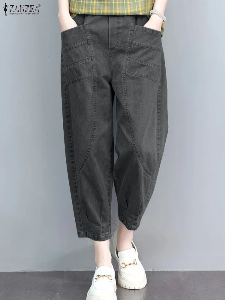 ZANZEA-pantalones largos a la moda para mujer, pantalones cónicos con bolsillos, pantalones con cintura elástica, informales, lisos, elegantes, Capris sueltos, otoño 2025