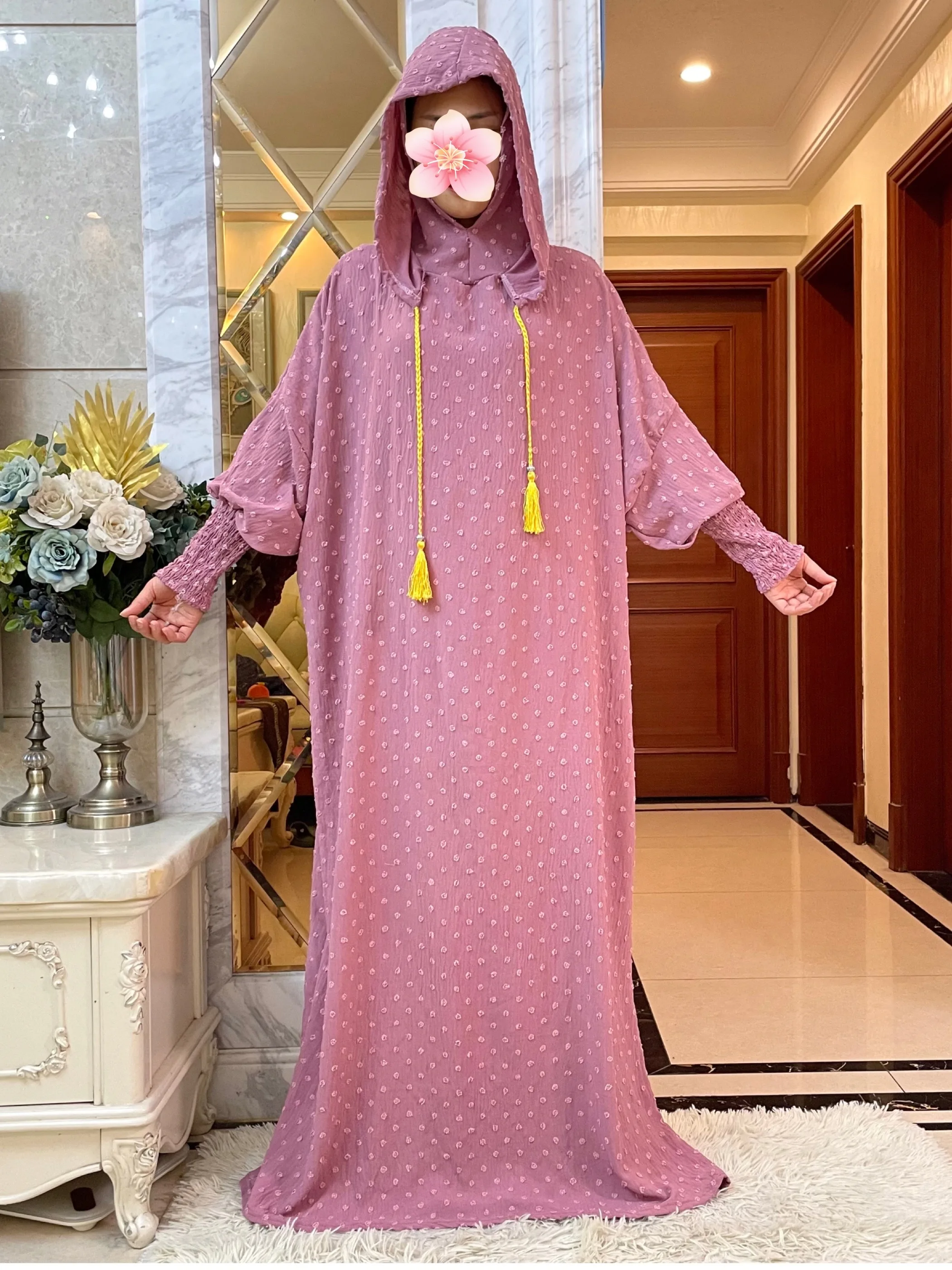 New Ramadan Muslim Two Hats Abaya Dubai Turkey Islam Prayer Clothes Cotton Jacquard Fabric  Dresses Islam Women Dress Kaftan