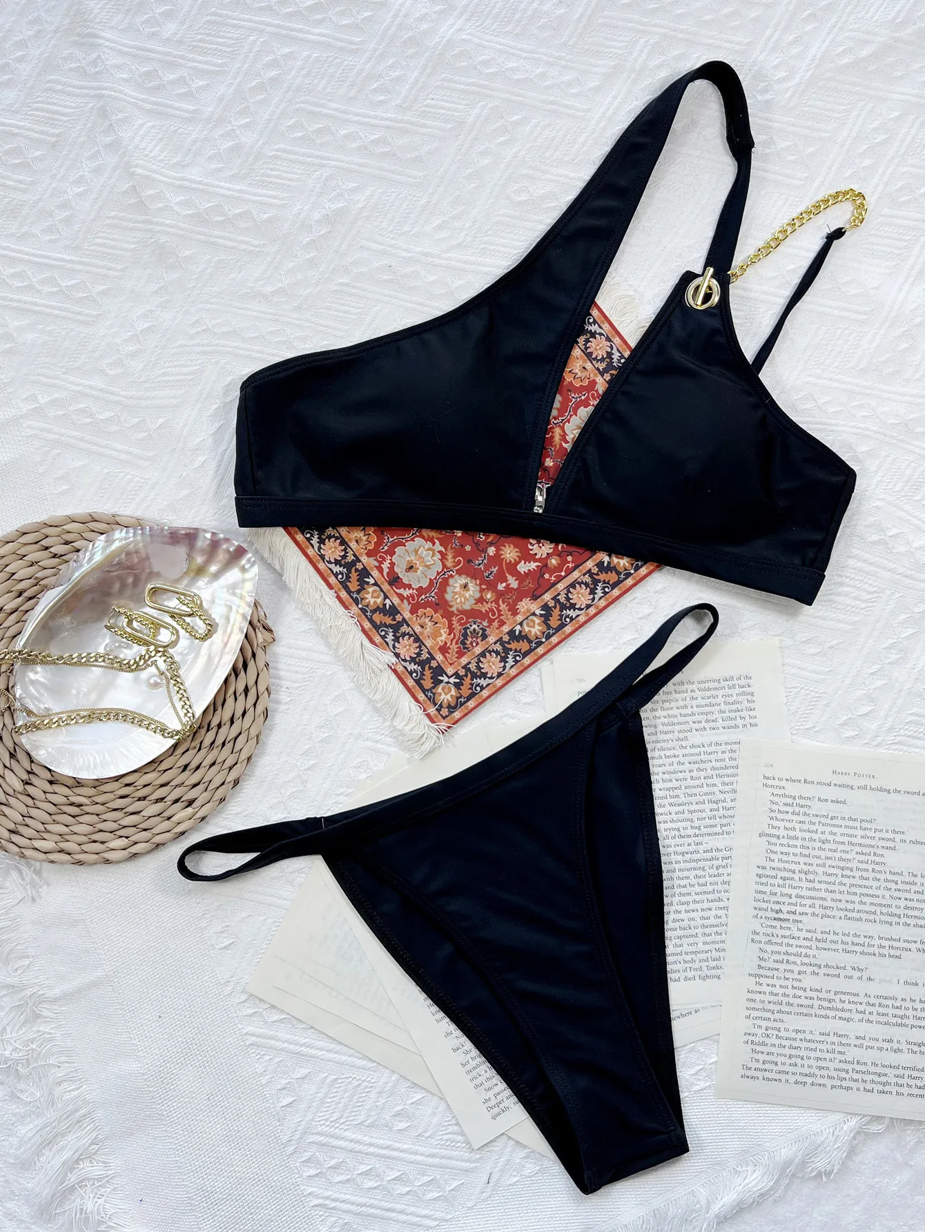 Black Asymmetrical Two Piece Swimwear With Chain Accent For Vacation And Resort Style