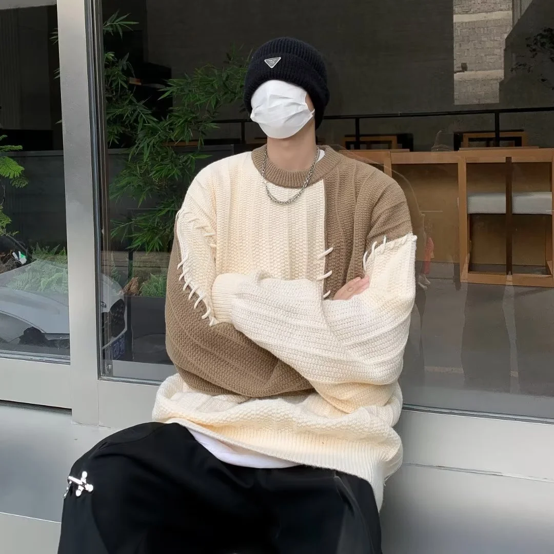 

Autumn Winter Large Size Color Blo Contrast Men's Sweater Loose Casual Lazy Sle Design Knittedwear Overhead Spring Youth