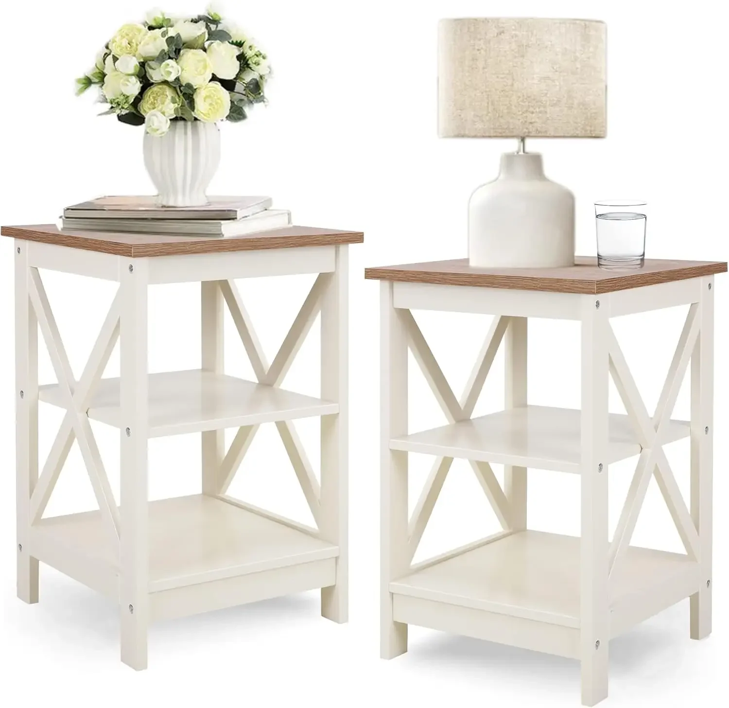 End Table Living Room Set of 2 - Farmhouse Bed Side Table Nightstands for Bedroom, Ivory White Small Side Table