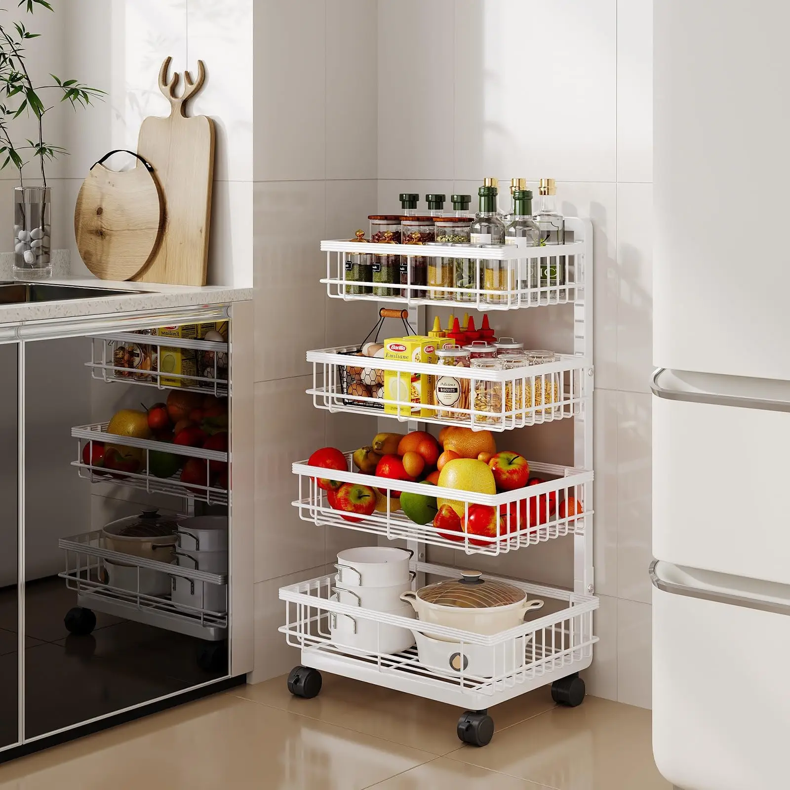 Carrello portaoggetti da cucina a quattro ripiani, con struttura in metallo, ruote bloccabili e ripiani regolabili, cestello in rete rimovibile, ideale per cucina, bagno e ufficio, dimensioni 42×32×87