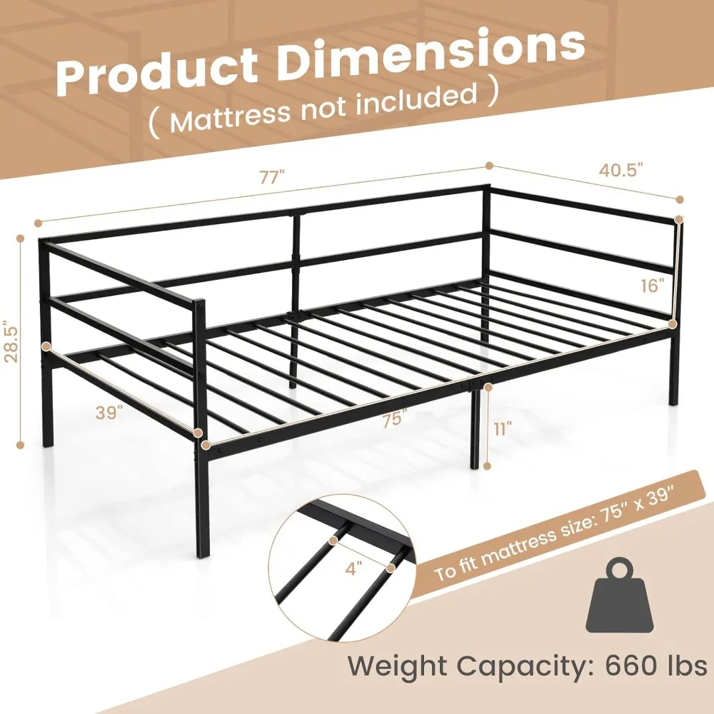 Metal Twin Daybed Frame, Day Bed with Metal Slat Support & 3-Sided Guardrails, 2-in-1 Space-Saving Sofa Bed for Living Room