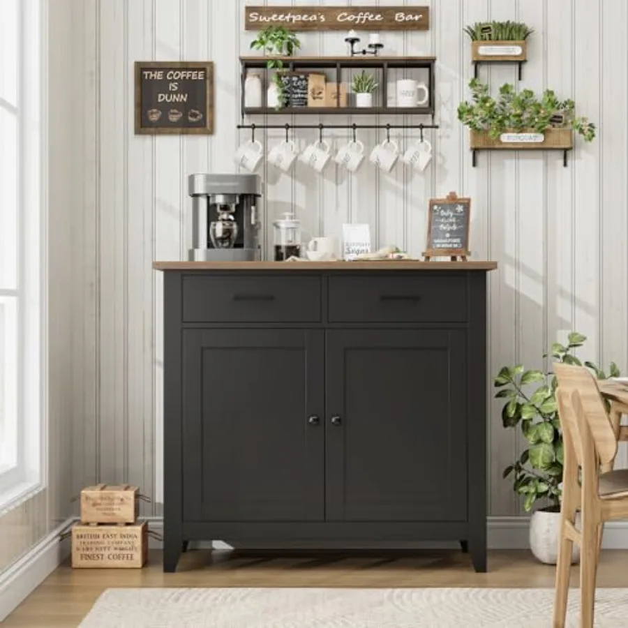Farmhouse Kitchen Storage Cabinet for Small Spaces, Black Coffee Bar Buffet with Rustic Charm and Ample Shelving