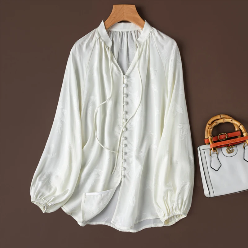 

Women Silk Shirt 100% Mulberry Silk Elegant White Jacquard V Neck Buttons Down Long Sleeve Top Blouse 2026 Office Lady M1309