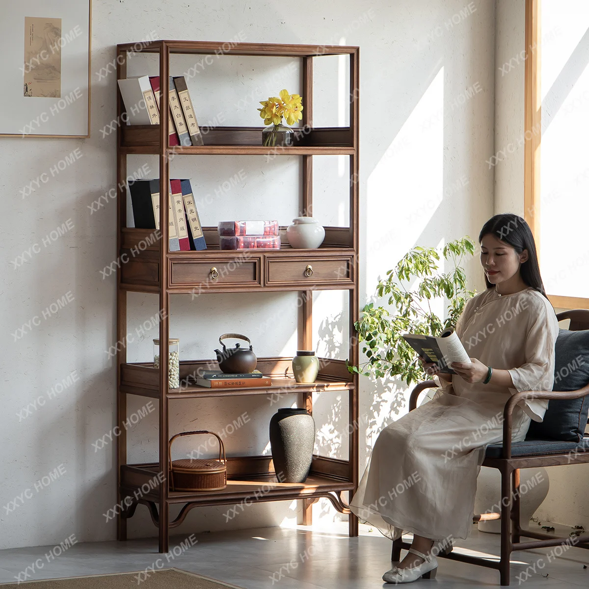 Chinese Style Bookshelf Solid Wood Bookcase Showcase Tea Stand Shelf Antique Old Elm Antique Shelf