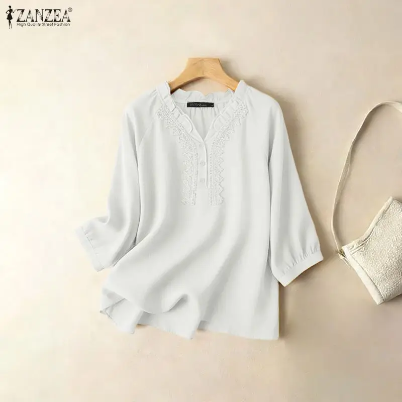 Femmes Blouse 2026 ZANZEA été dentelle garniture Blouses décontracté col en V 3/4 manches hauts Patchwork travail chemise Femme rétro coton Chemsie