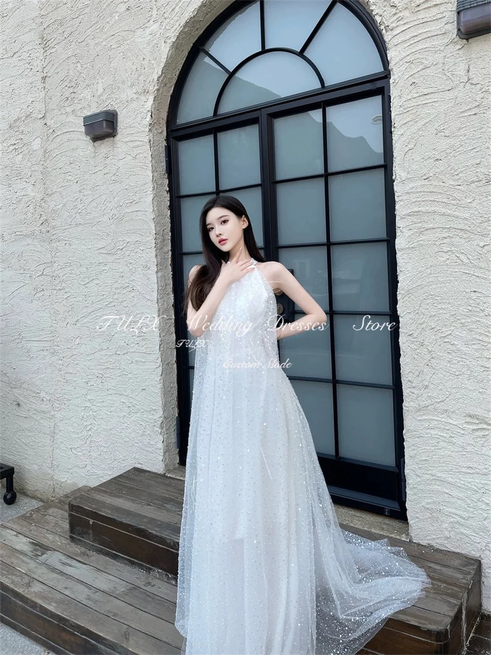 TULX Principessa Scintillante Matrimonio Servizio fotografico Abito Halter Senza maniche Corea Abiti da sposa Una linea di lunghezza del pavimento nnegolare Personalizzato 2025