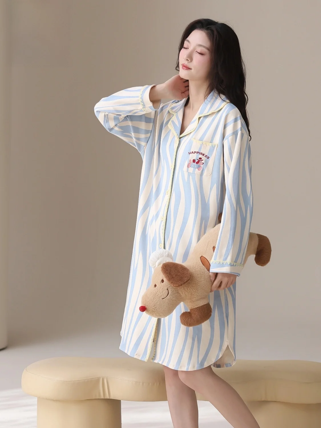 純綿スリープドレス-レディース-胸パッド付き-春秋-長袖-ツリーパターンプリント-フルコットンナイトガウン-襟付き-屋外でも着用可能-秋冬スタイル