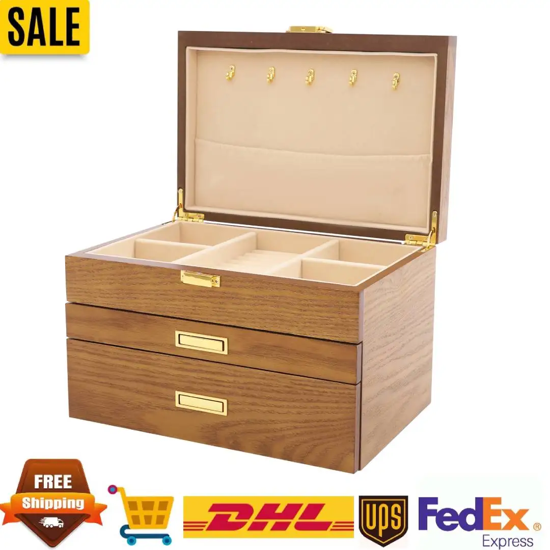 

3-Layer Large Capacity Jewelry Box Brown Jewelry Box for Women Jewelry Organizer Box Plush Lining for Watch Necklace Storage